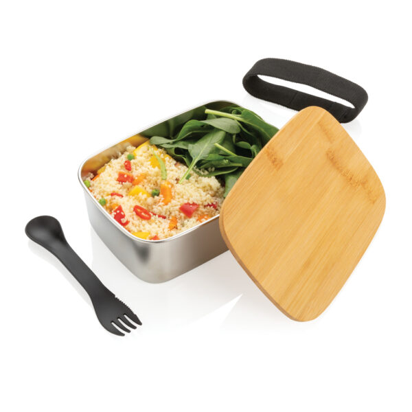 Stainless steel lunchbox with bamboo lid and spork - Image 3